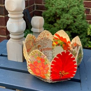 Vtg Christmas Greeting Cards Handmade PAPER BOWL BASKET